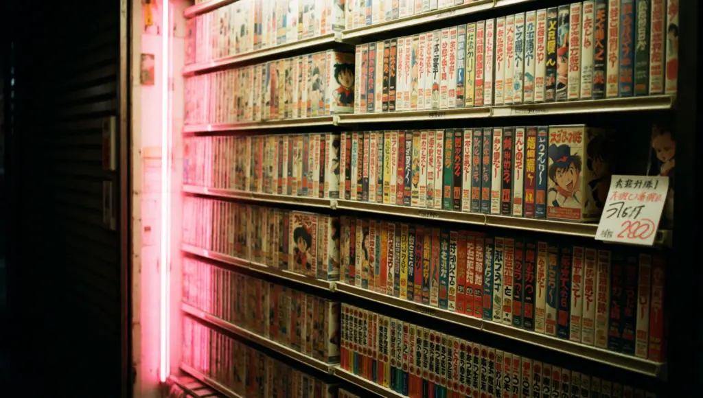 Scaffali di videocassette anime e manga in un negozio di Akihabara illuminato da un neon rosa