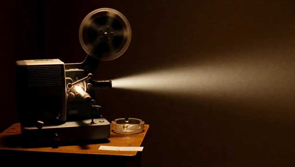 Proiettore 16 mm anni Settanta acceso in una stanza buia, il fascio di luce attraversa l'inquadratura