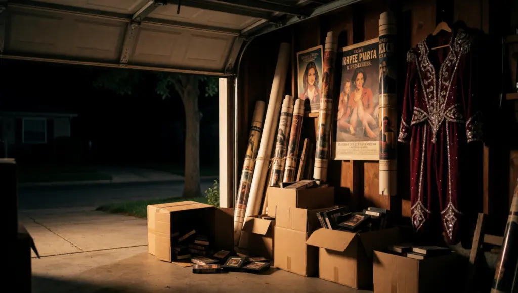 Garage socchiuso di notte con scatoloni di videocassette, poster arrotolati e un costume di scena