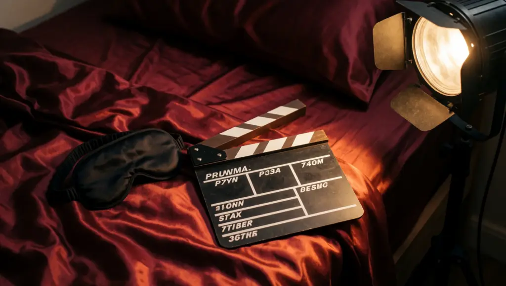 Mascherina nera e ciak cinematografico su lenzuola di raso rosso in un piccolo set