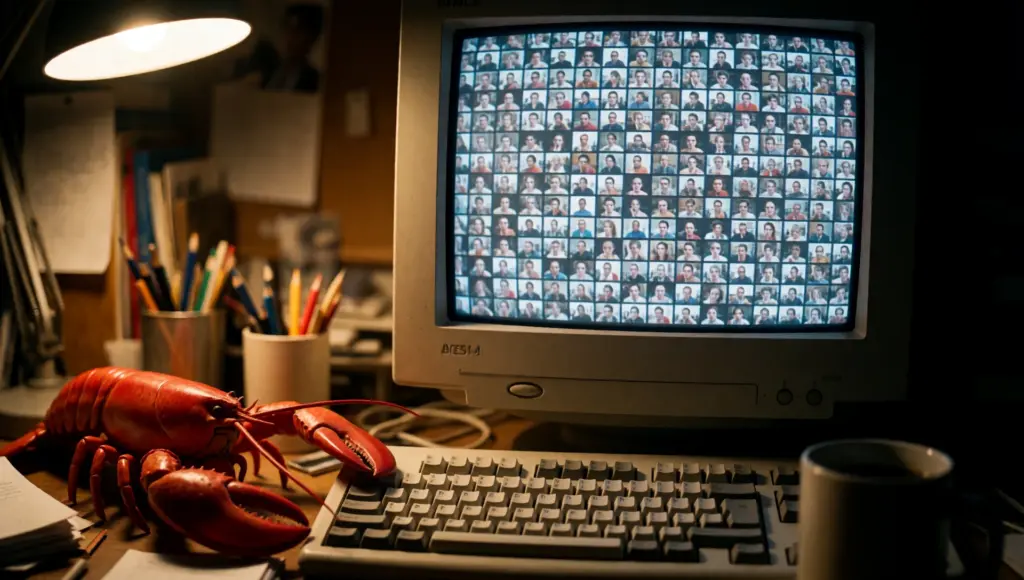 Aragosta giocattolo accanto a un vecchio monitor pieno di miniature video sfocate