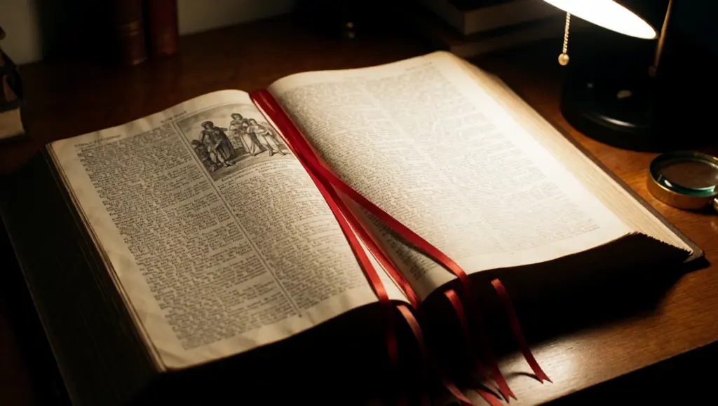 Enciclopedia aperta con segnalibri rossi sotto la luce di una lampada da scrivania