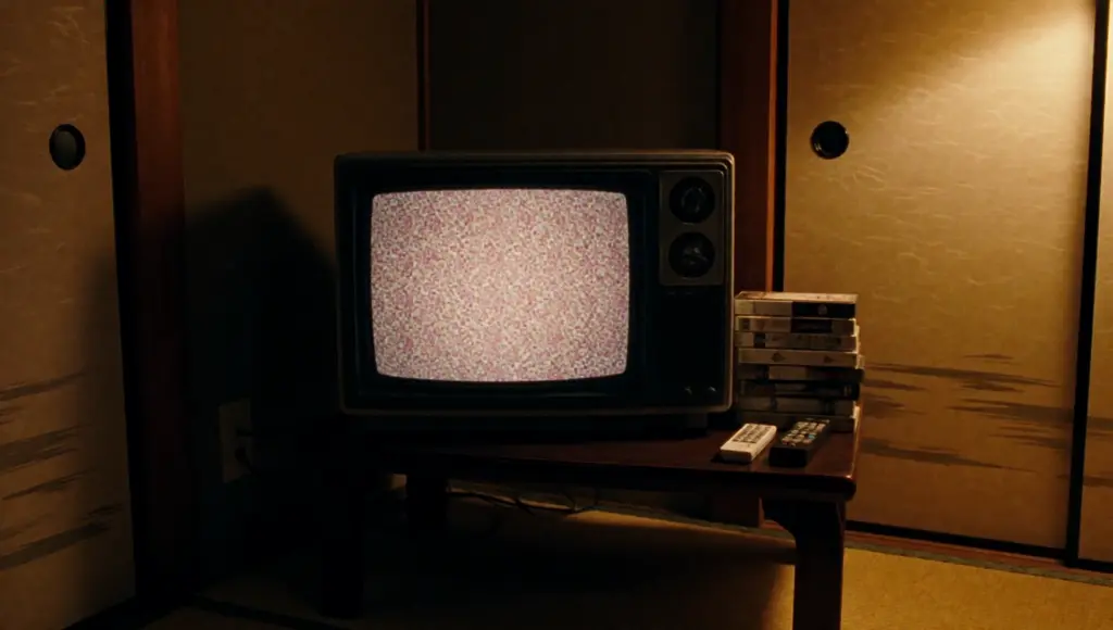 Vecchio televisore a tubo con schermo pixelato in una stanza giapponese con tatami