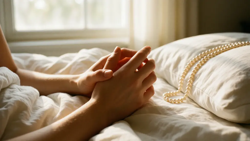 Due mani intrecciate su lenzuola bianche con un filo di perle, luce del mattino