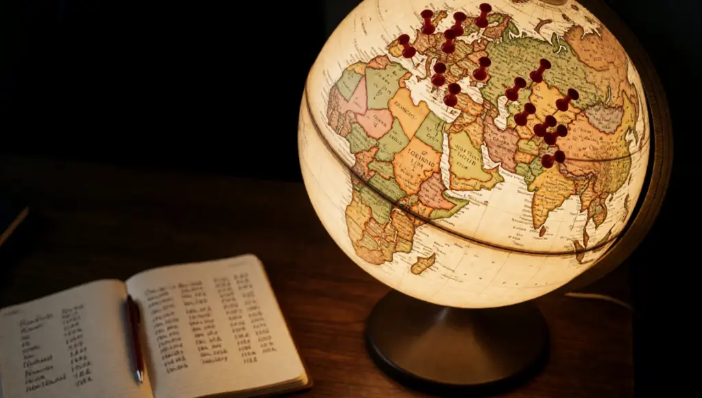 Mappamondo illuminato con spilli rossi e un taccuino di appunti su una scrivania