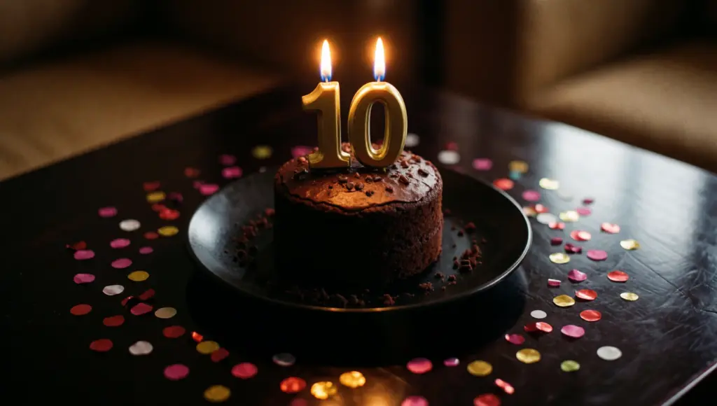 Torta di compleanno al cioccolato con la candelina a forma di 10 e coriandoli