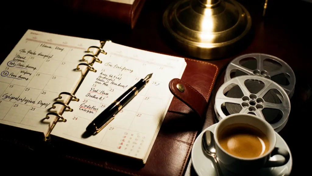 Agenda aperta con appunti, penna stilografica, caffè e bobine di pellicola