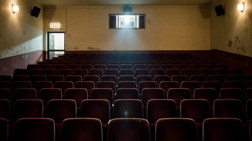 Sala cinematografica vuota con poltrone di velluto rosso vista dallo schermo, la cabina di proiezione accesa sul fondo