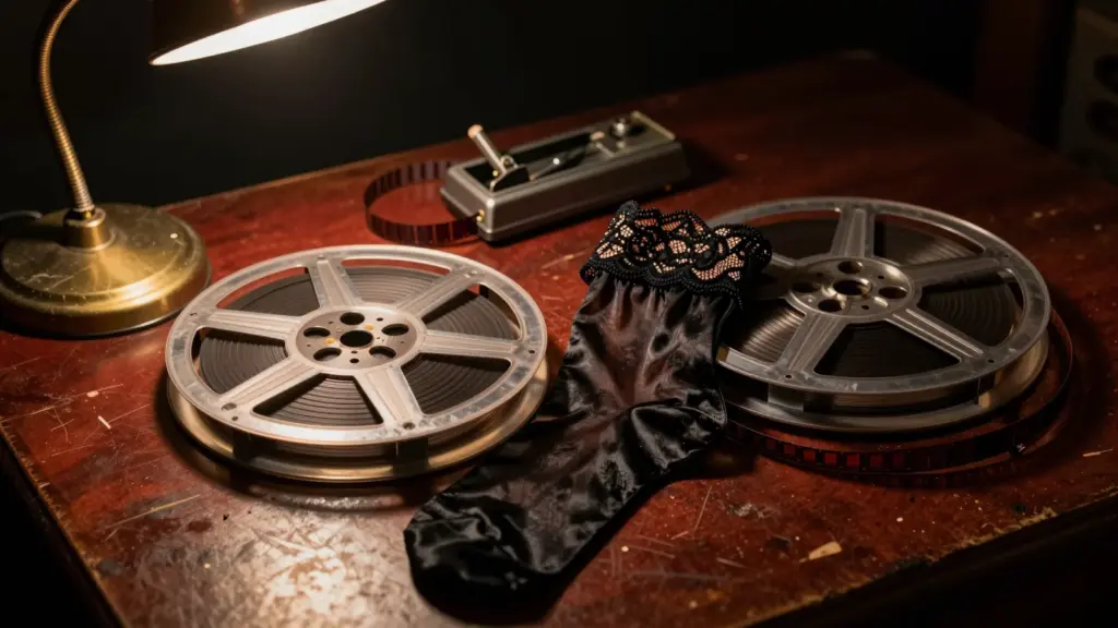 Bobine cinematografiche e una calza nera con bordo di pizzo su una scrivania in legno